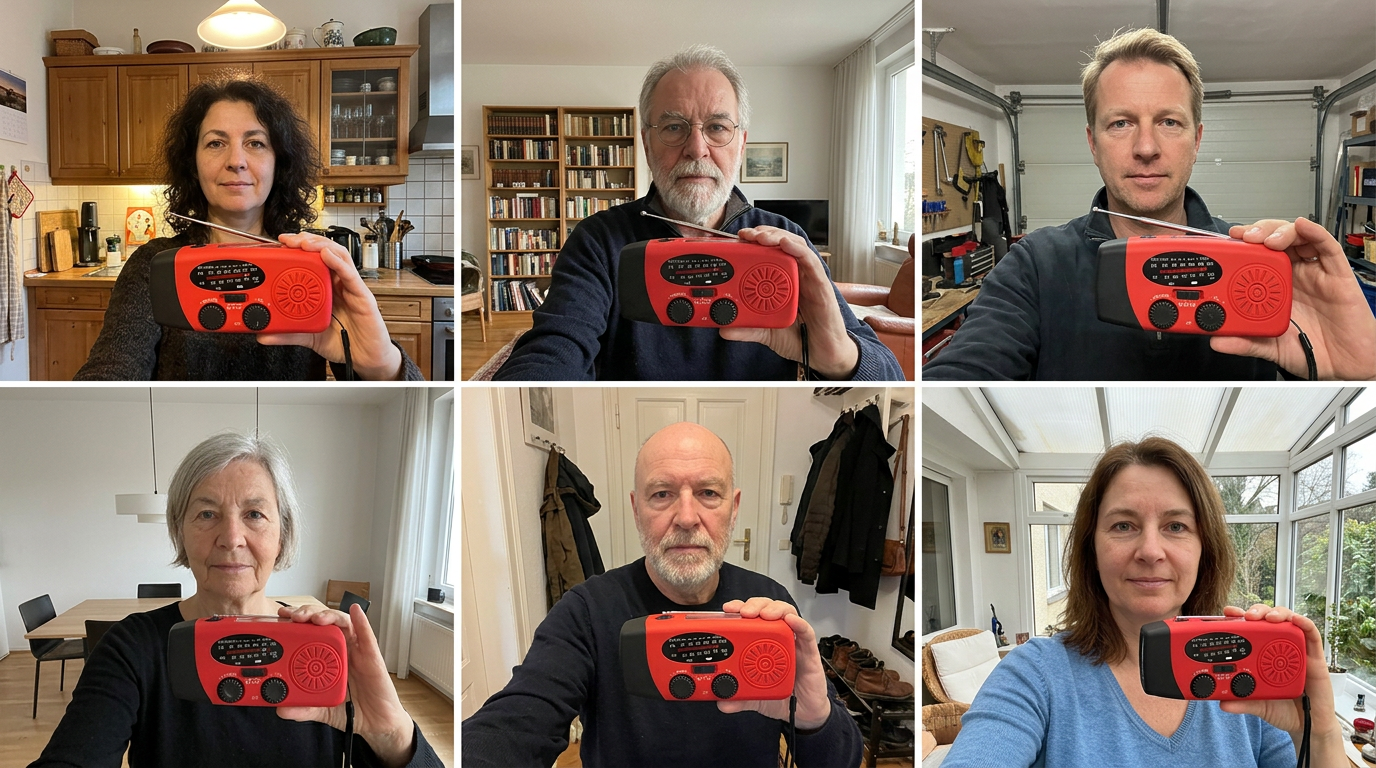 Sechs Kundinnen und Kunden mit ihrem PowerStorm Radio